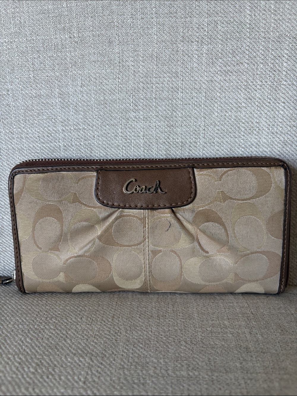 Coach Ashley Beige and Brown Signature Zip-Around Wallet Y2K